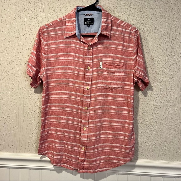 Ben Sherman The Original Pink Striped linen blend Short Sleeve Shirt size small - Picture 2 of 9